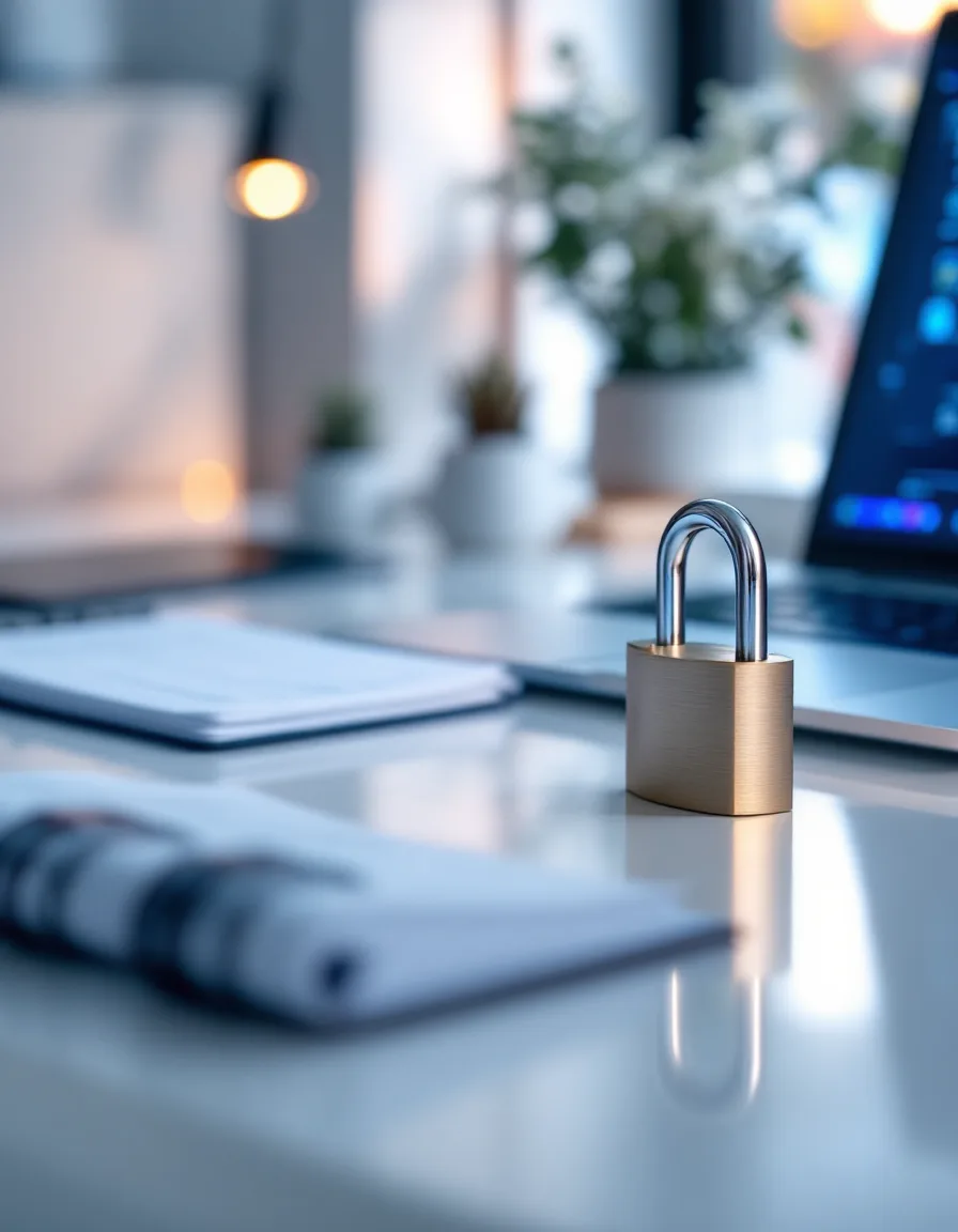 A clinic front desk with a laptop, appointment book and padlock in early light