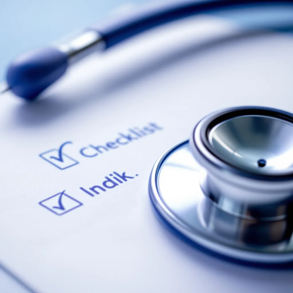 Macro of a chrome stethoscope rim beside a ticked paper checklist