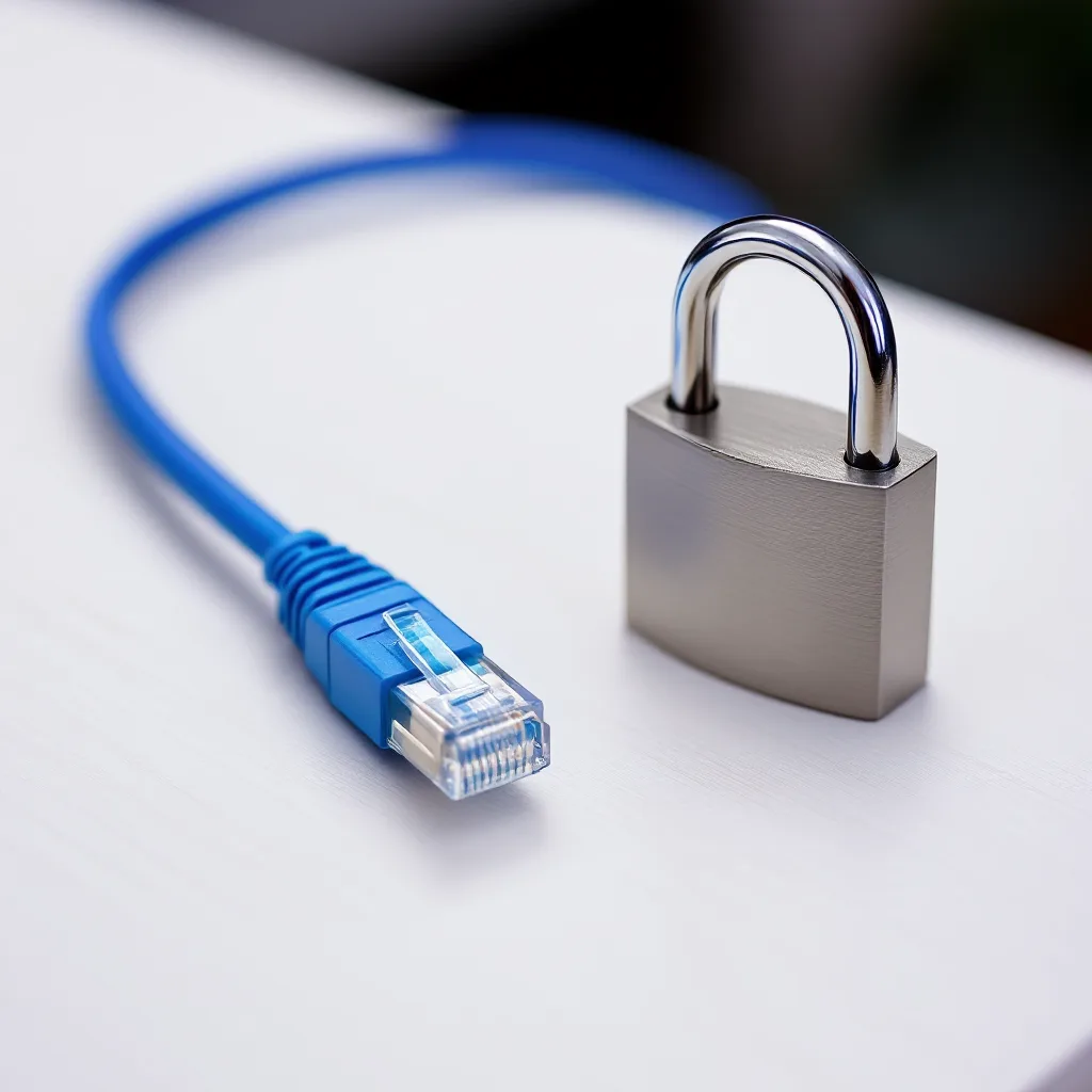 Macro of a blue patch cable and a brushed steel padlock on a clinic counter